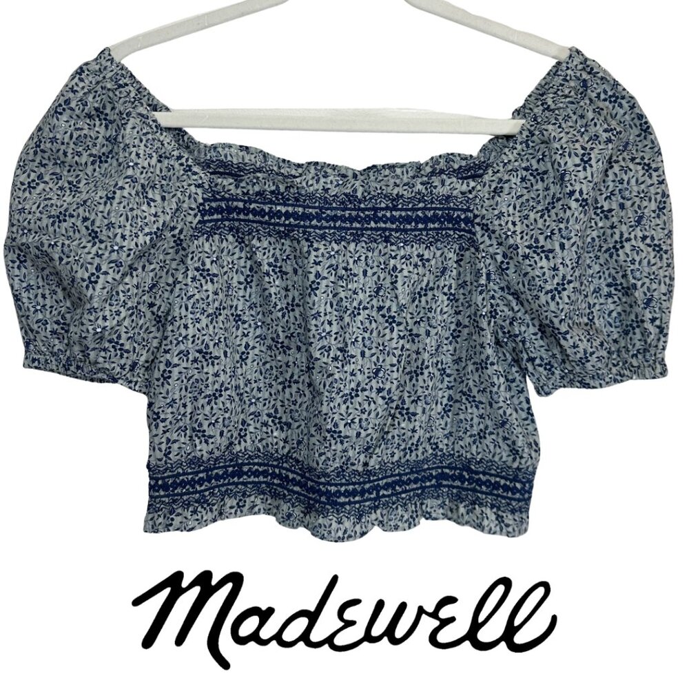 Madewell “Jeanette” Florentine Floral Cropped Top – Smocked, Puff Sleeve, XXS